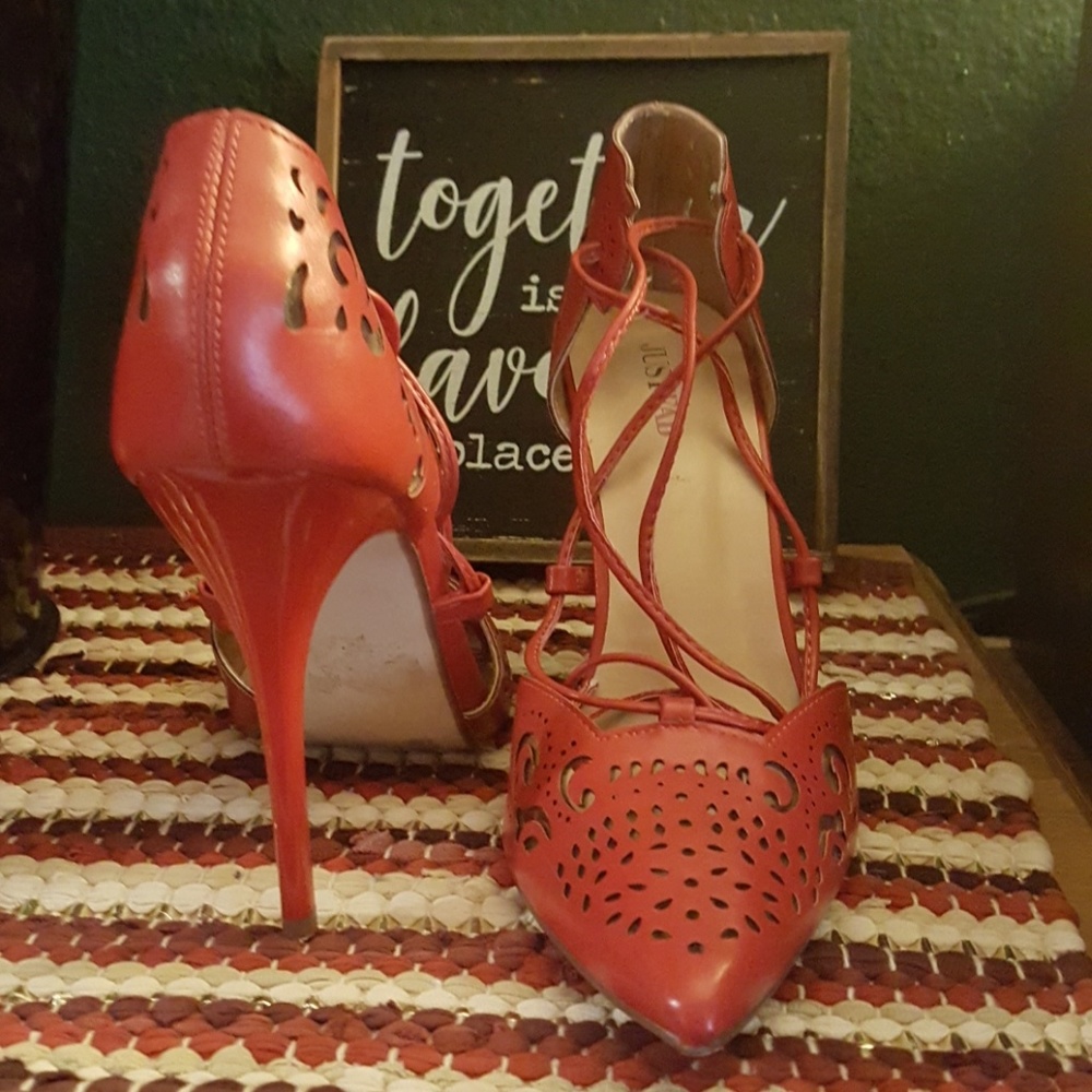 JustFab Red lace wrap heels